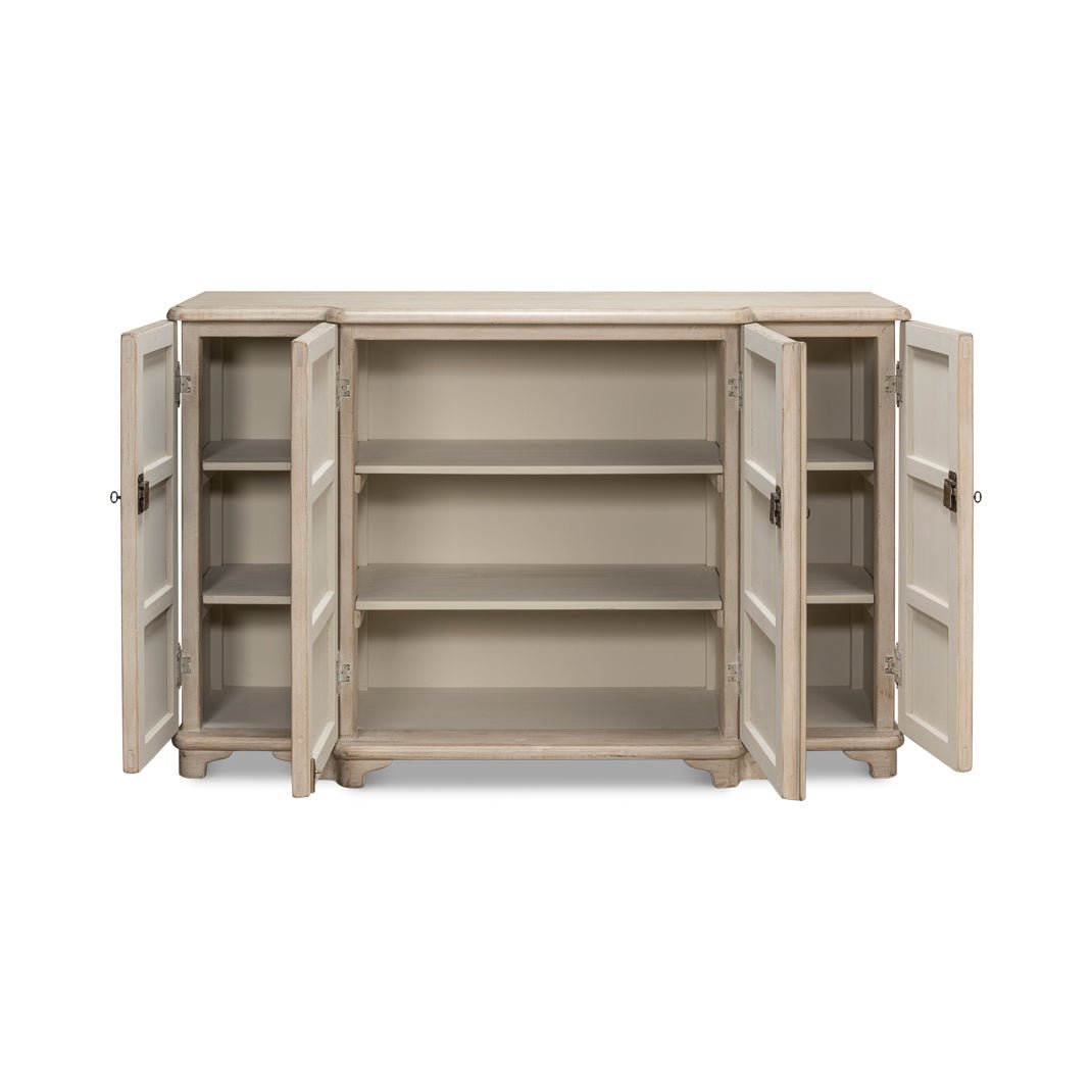 Inside view of French Stone Painted Credenza, shelves visible.