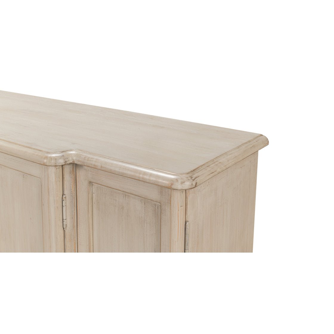 Corner detail of French Stone Painted Credenza, top surface.
