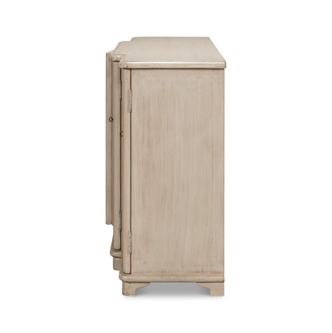 Side view of French Stone Painted Credenza, left side.