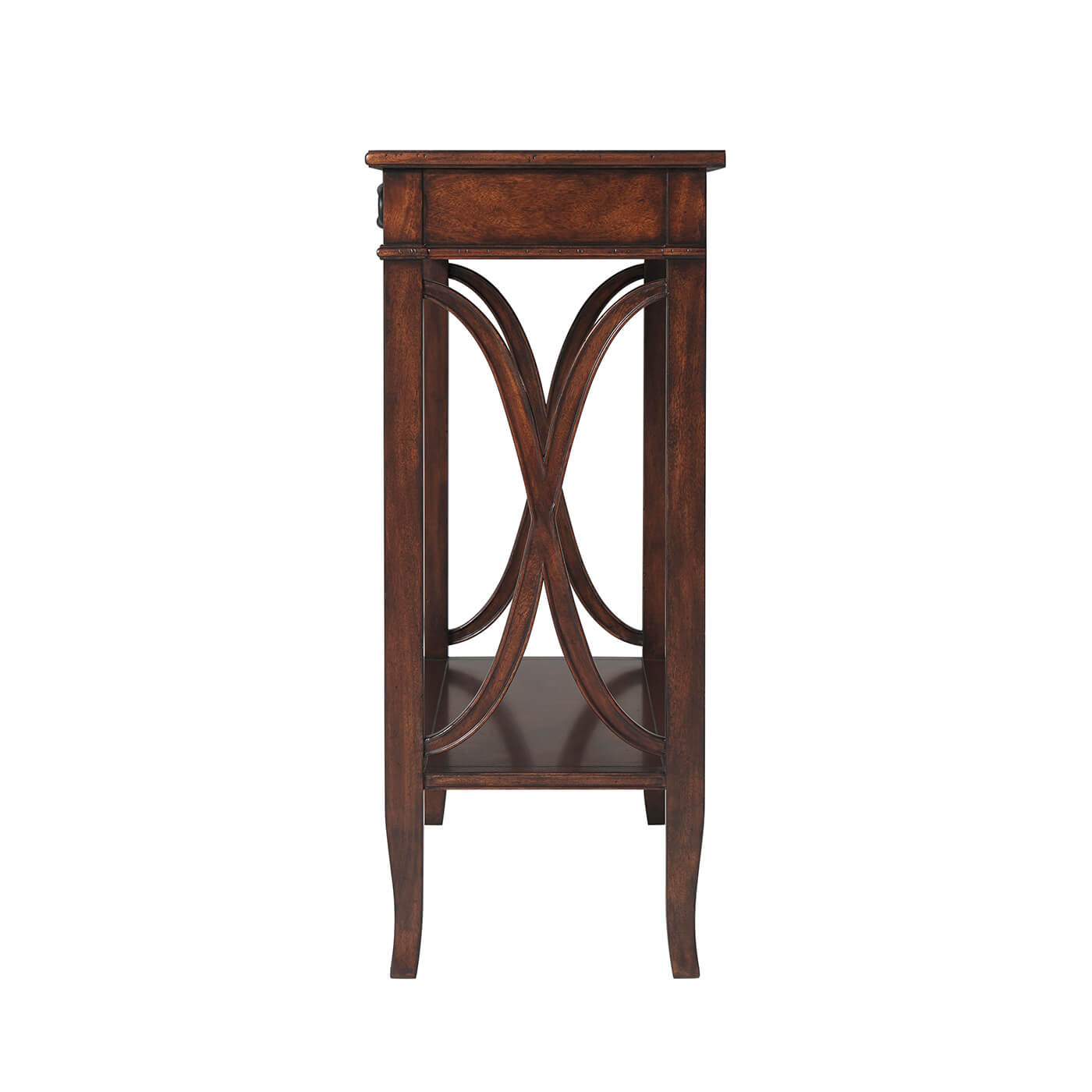 Side profile of wooden console table with unique design.