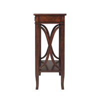Side profile of wooden console table with unique design.