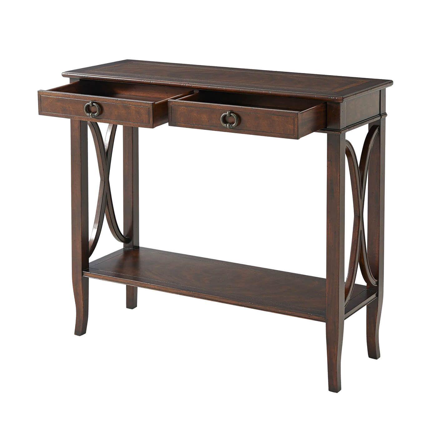 Open drawers of elegant wooden console table.