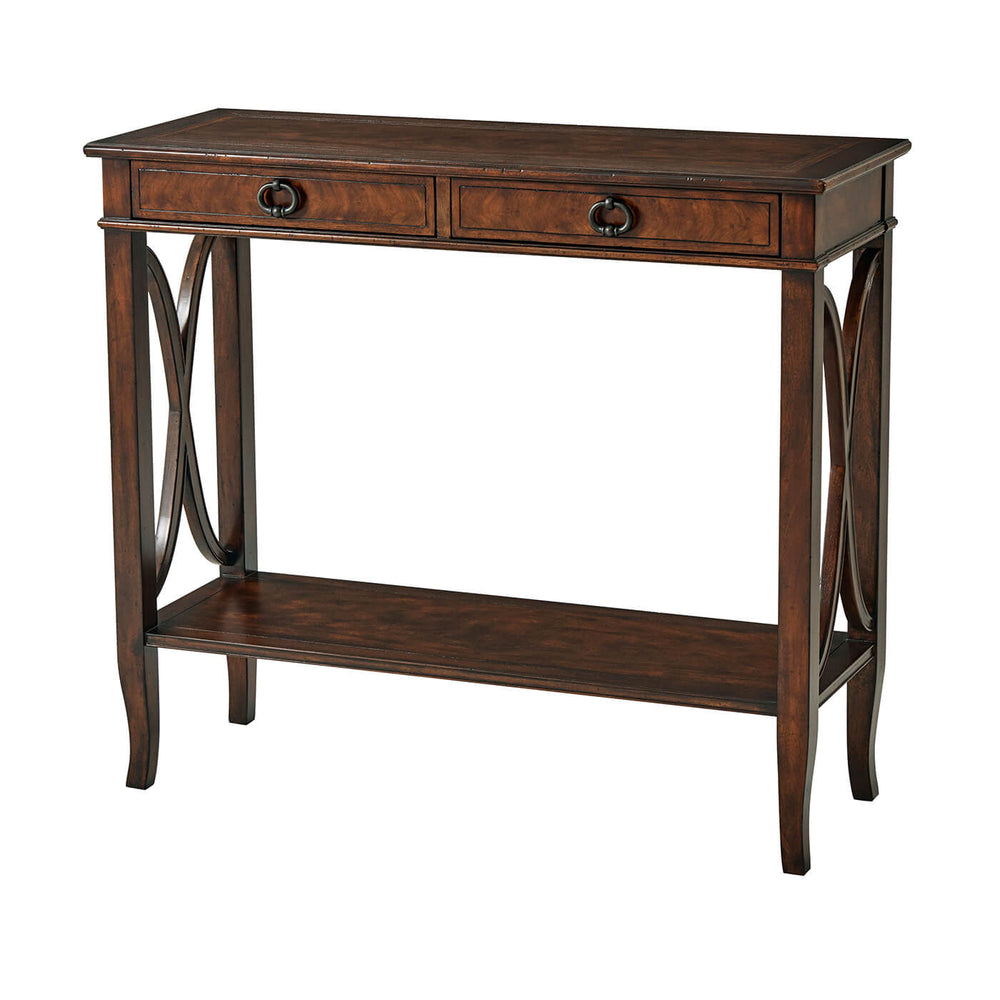 Front view of wooden console table with drawers closed.