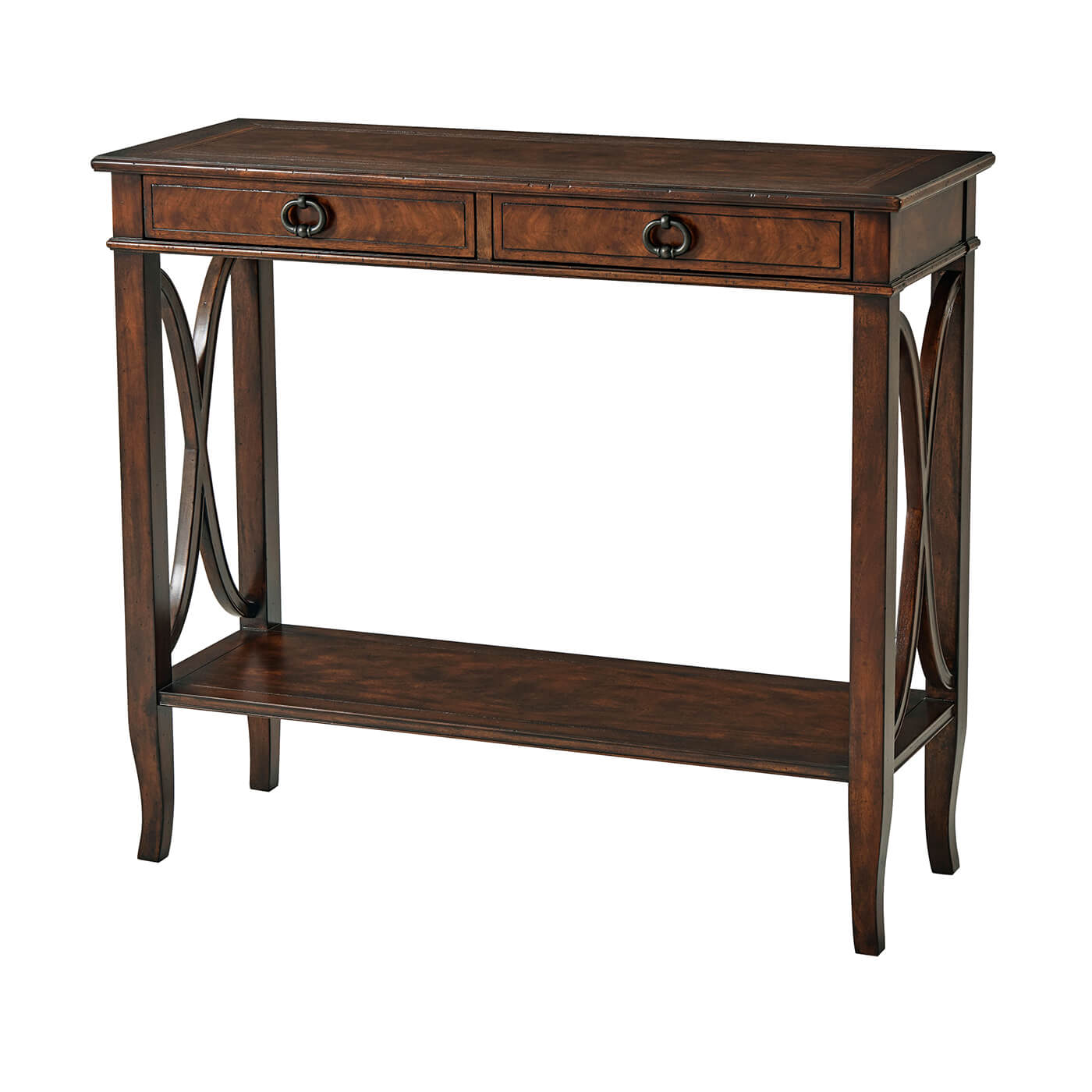 Front view of wooden console table with drawers closed.