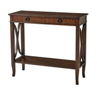 Front view of wooden console table with drawers closed.
