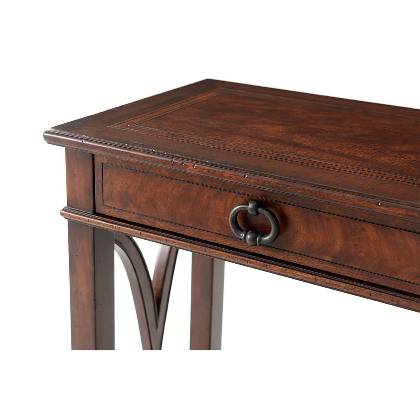 Close-up of drawer and surface on wooden console table.