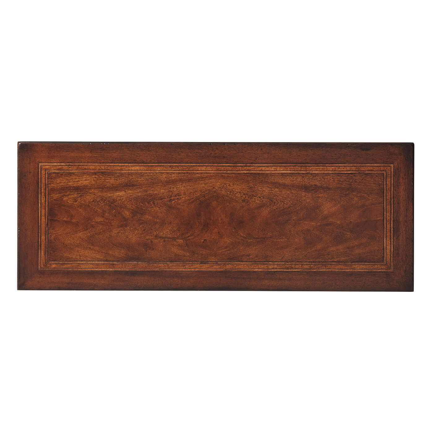 Top view of detailed wooden console table surface.