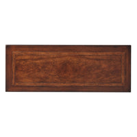 Top view of detailed wooden console table surface.
