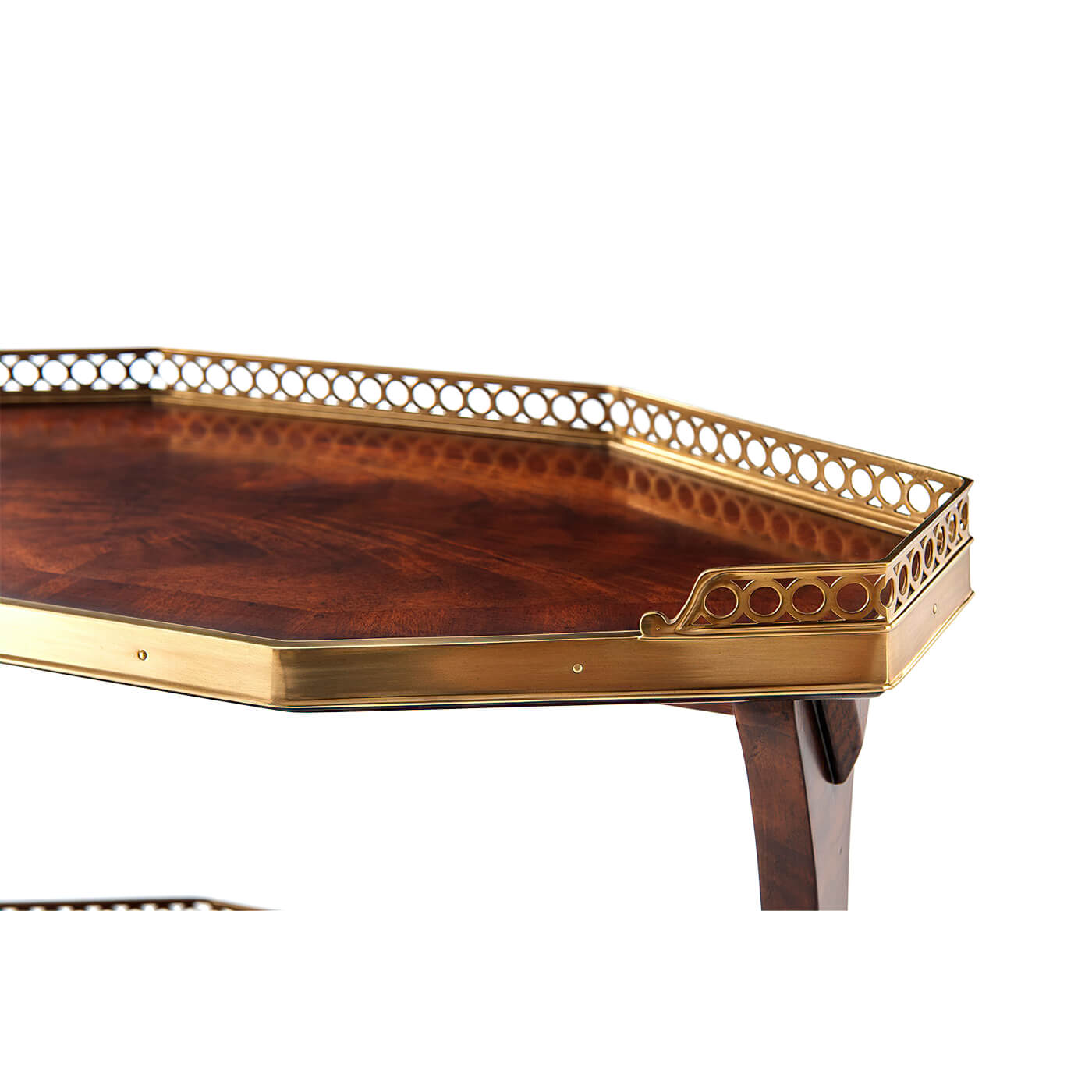 Close-up of table's brass edging and wood finish.