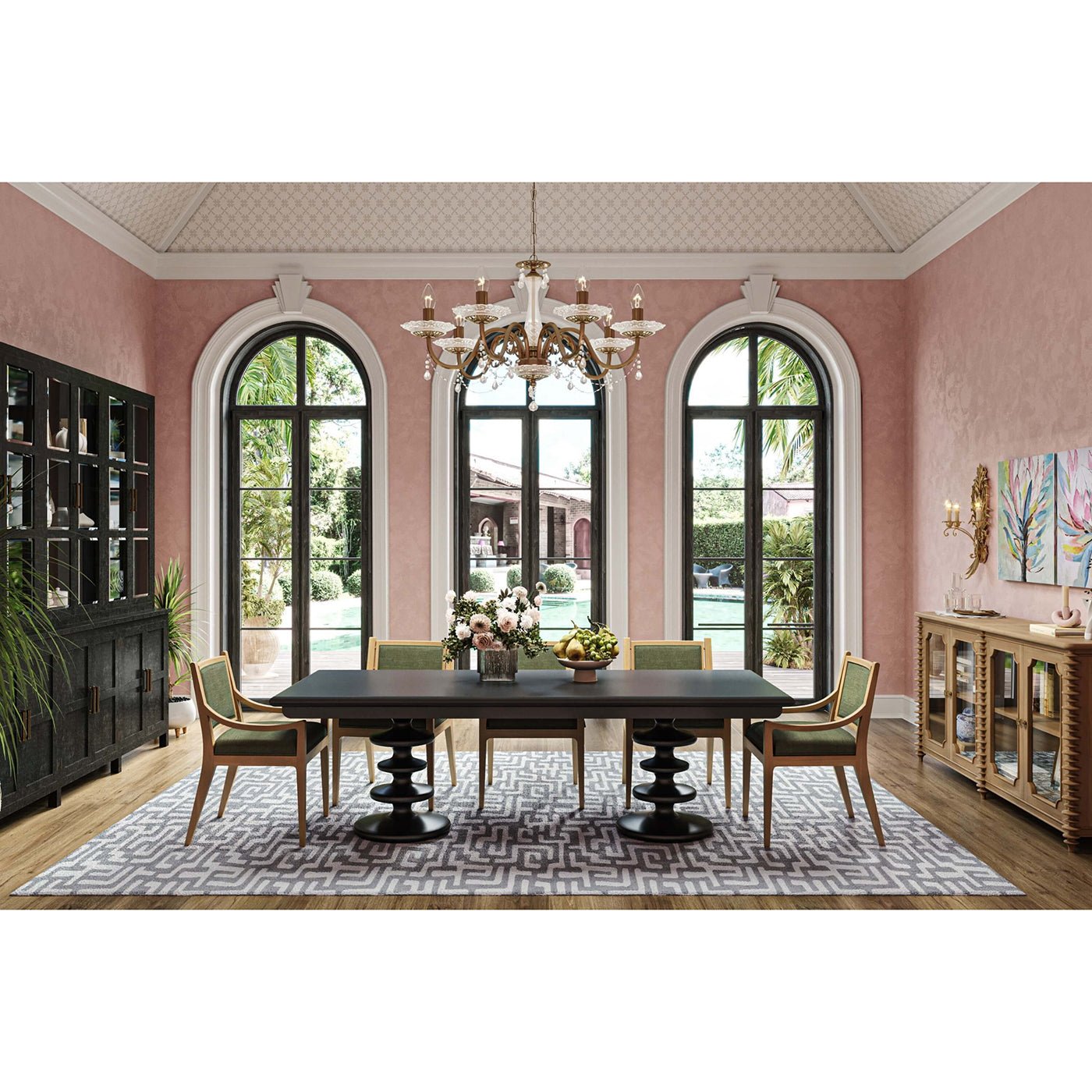 Dining room with French Transitional Sideboard and décor.