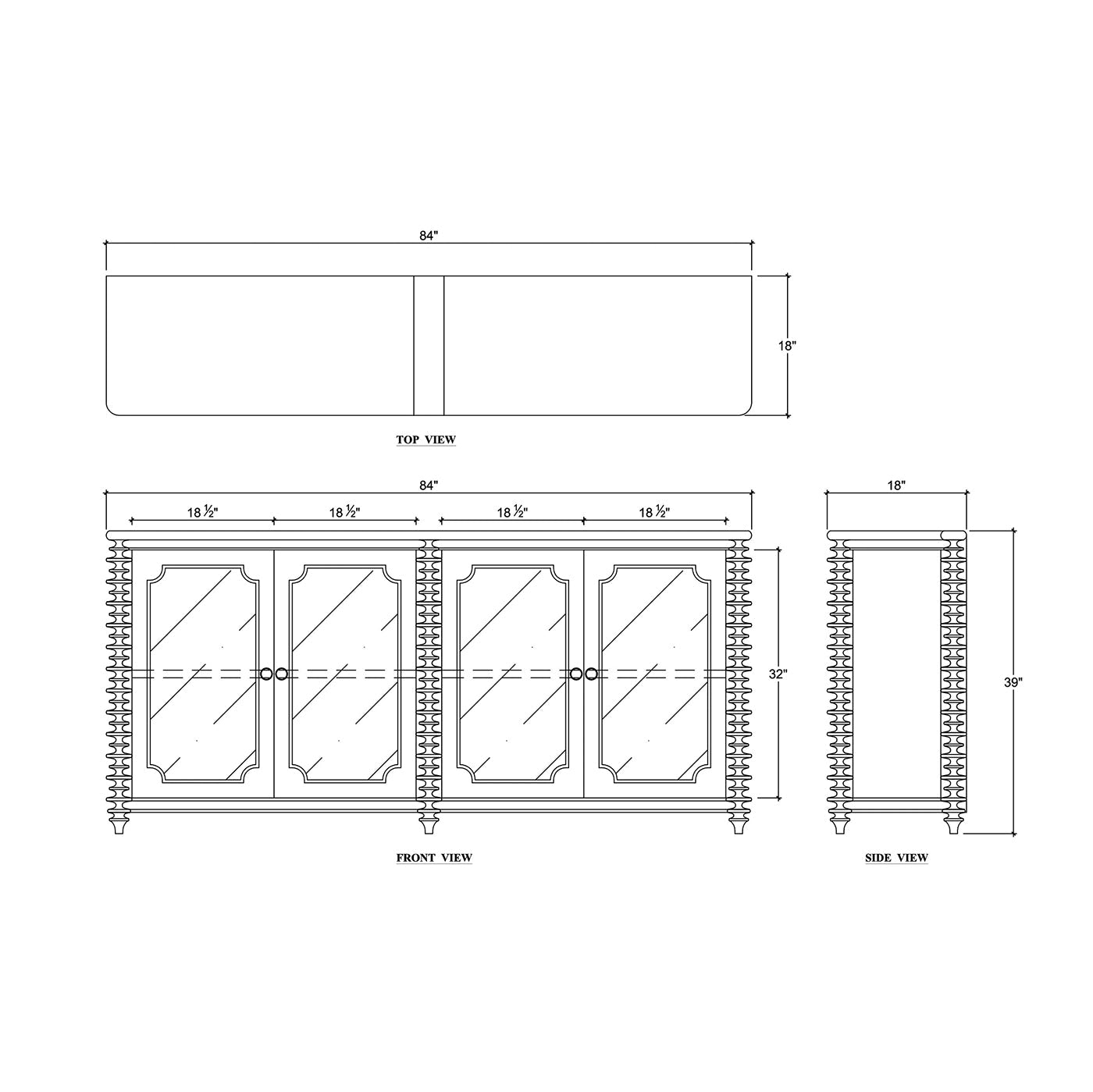 Technical diagram, dimensions of French Transitional Sideboard.