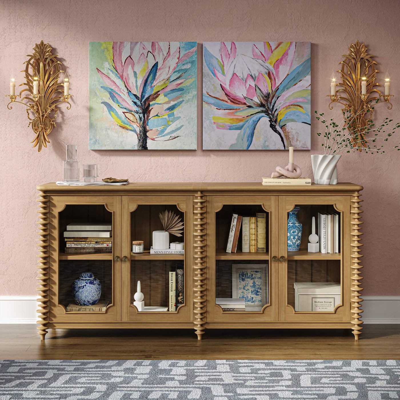 Styled French Transitional Sideboard in elegant interior setting.