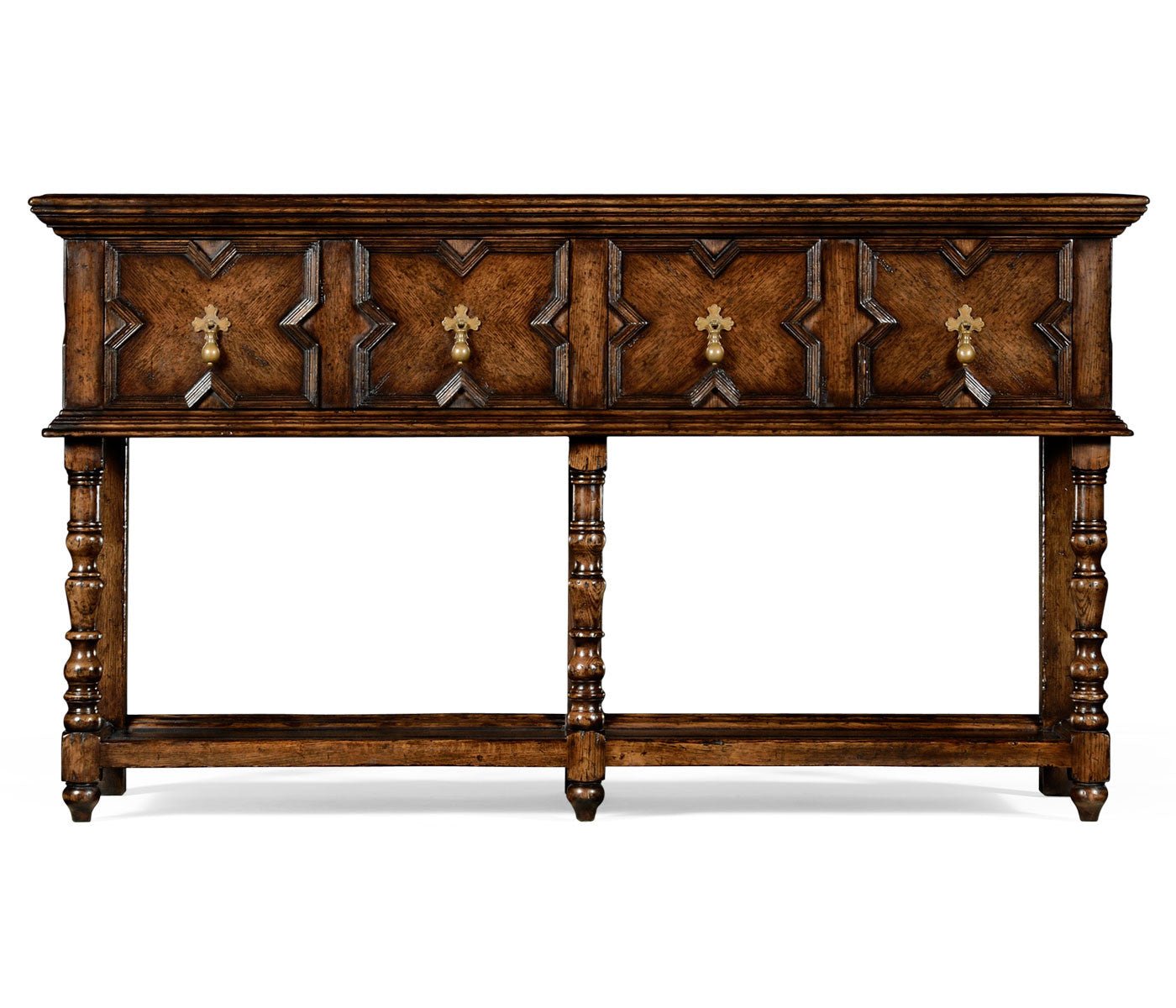French Tudor oak server, front view highlights design.
