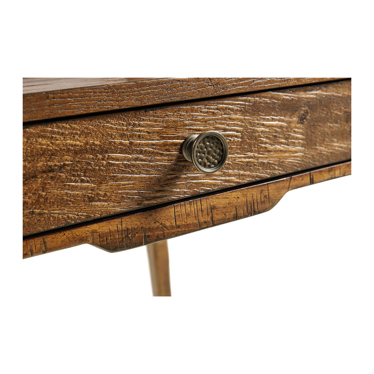 Close-up of drawer knob on walnut lamp table.