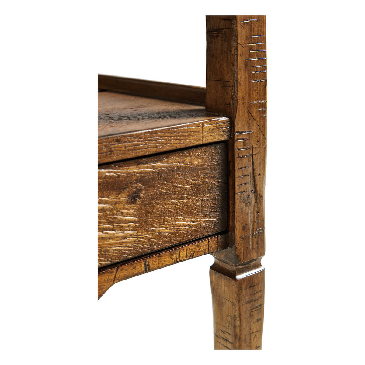 Leg and side detail of walnut lamp table, close-up.