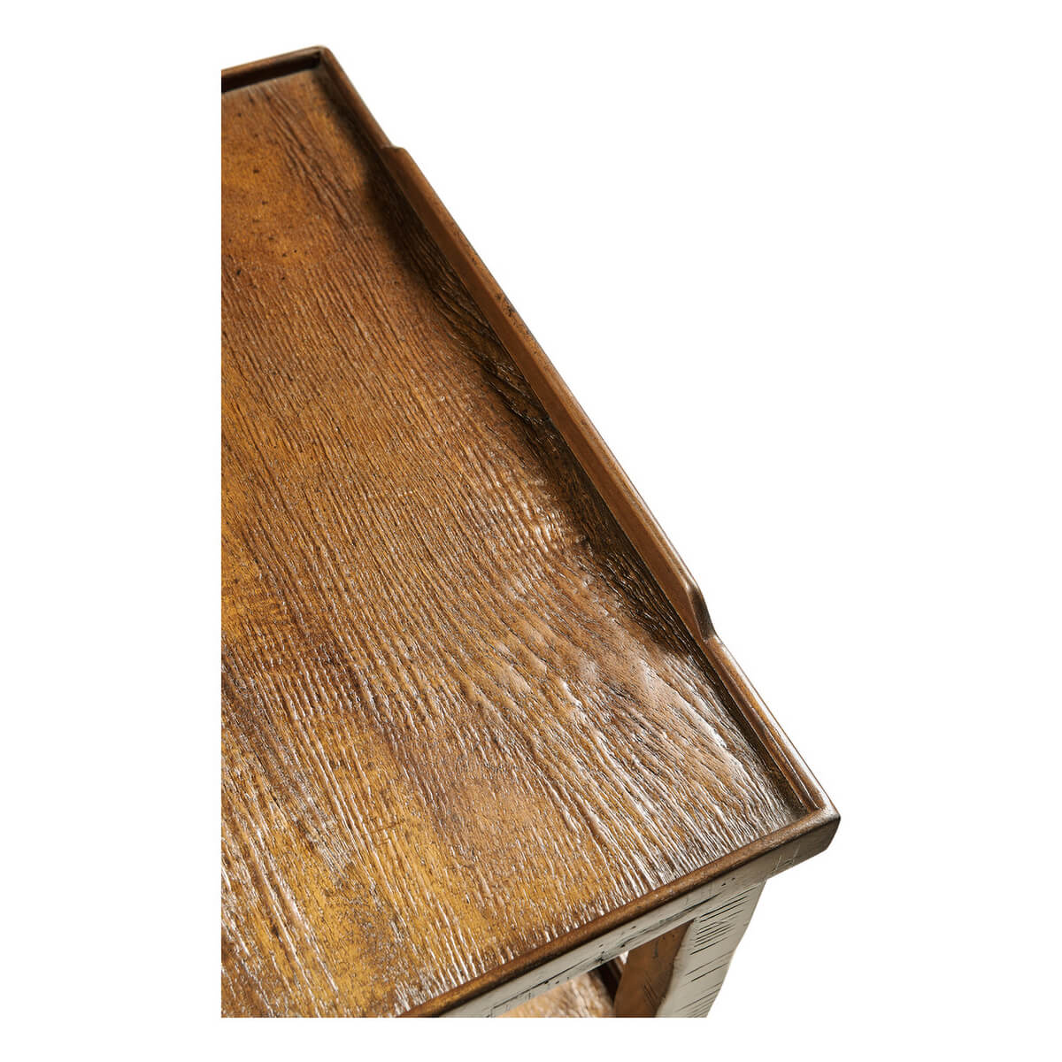 Top surface detail of rustic walnut lamp table.