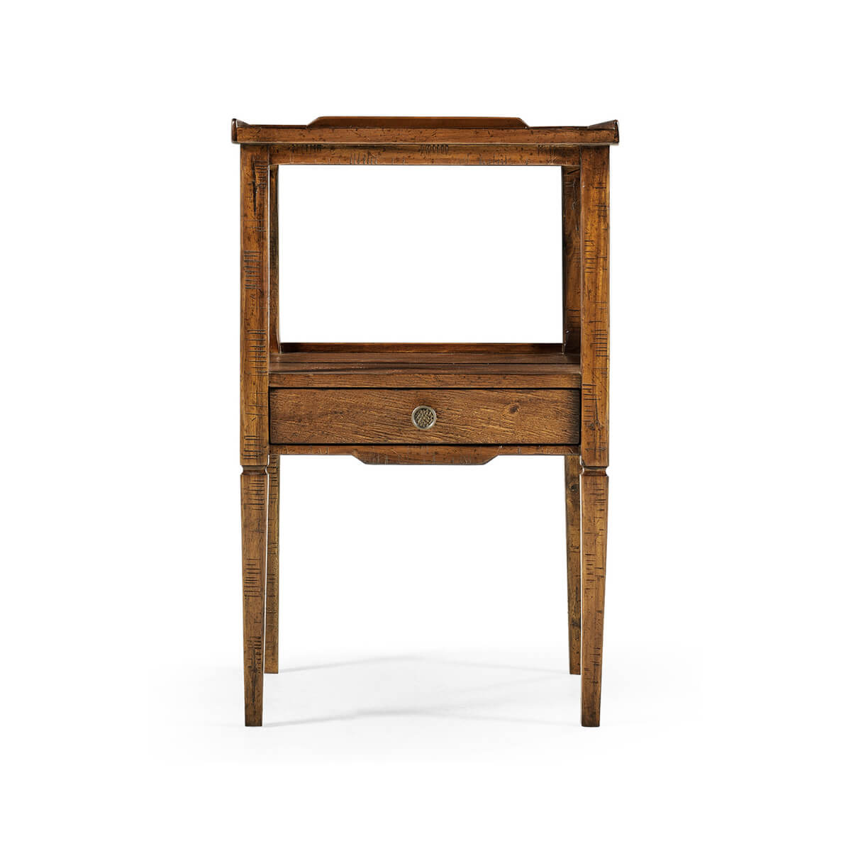 Front view of two-tier walnut lamp table, drawer detail.
