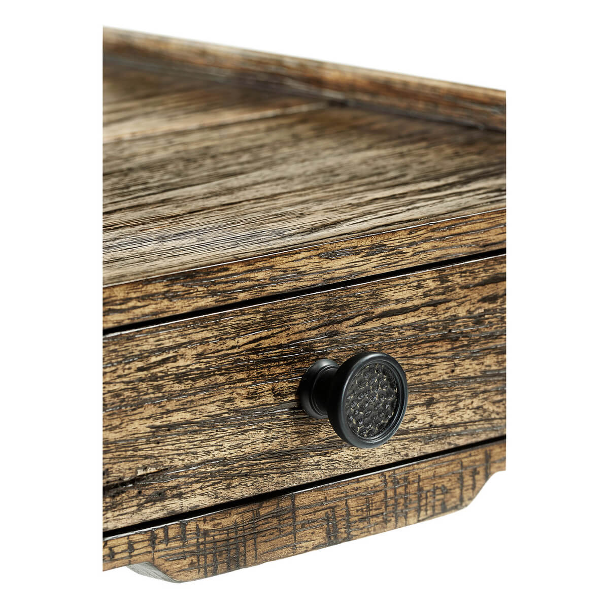 Close-up of lamp table's drawer knob detail.