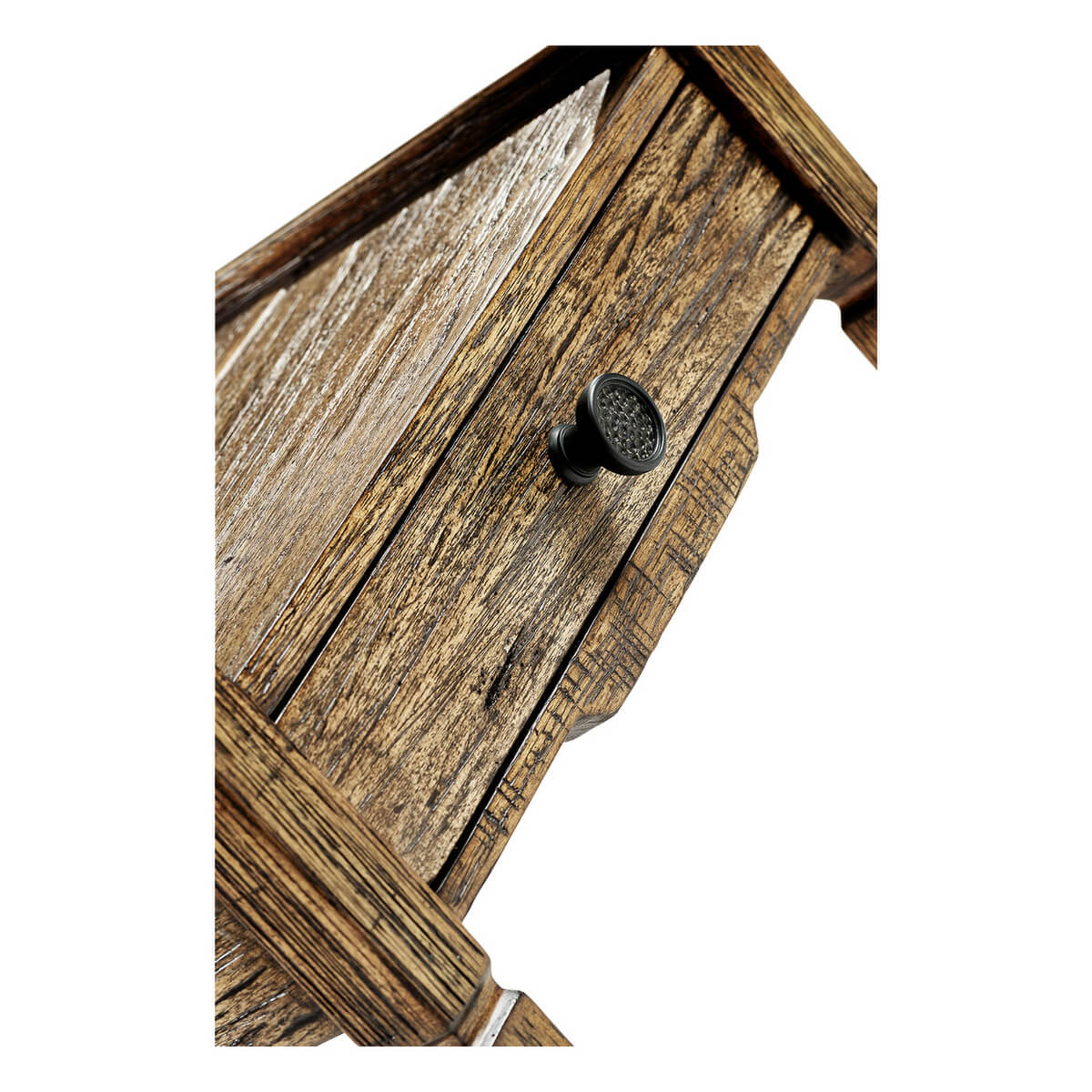 Angled view of the table's intricate drawer design.