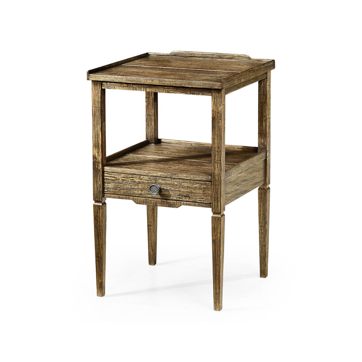Vintage wooden lamp table, side view with two tiers.