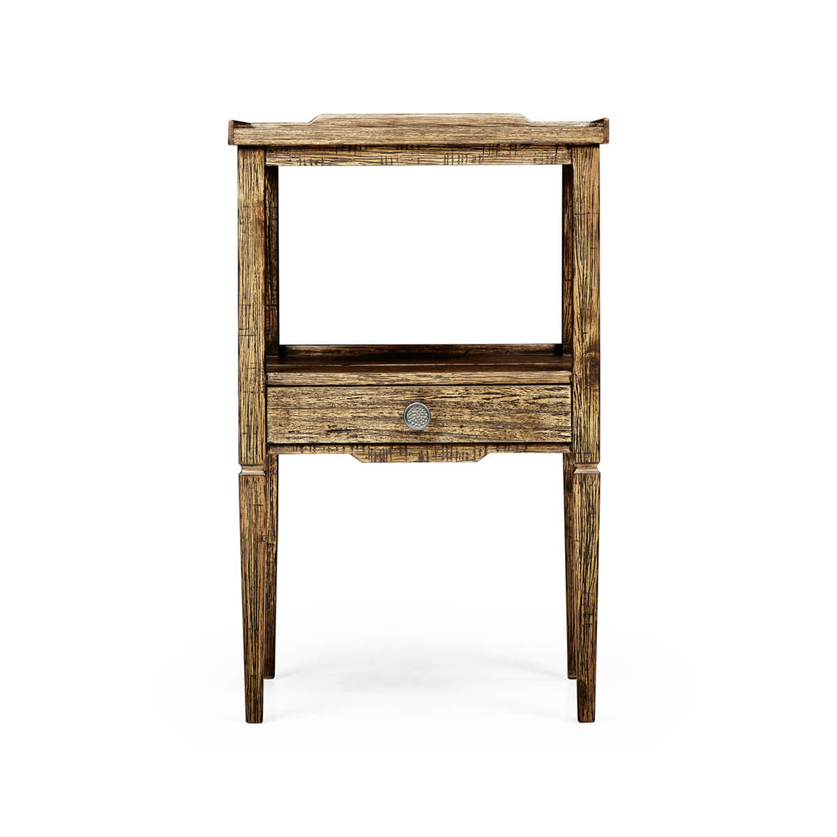 Front view of rustic lamp table with drawer and shelf.