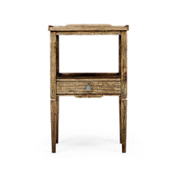 Front view of rustic lamp table with drawer and shelf.