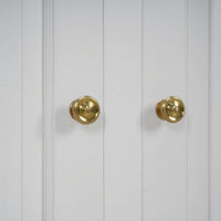 Close-up of cabinet brass knobs on doors.