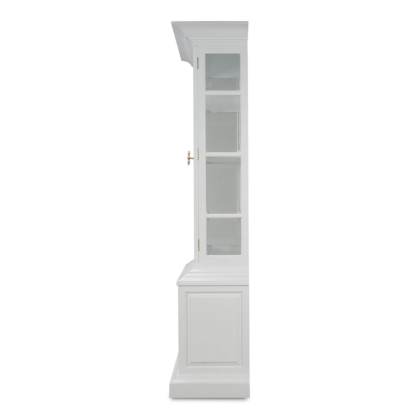 Side view of white display cabinet.