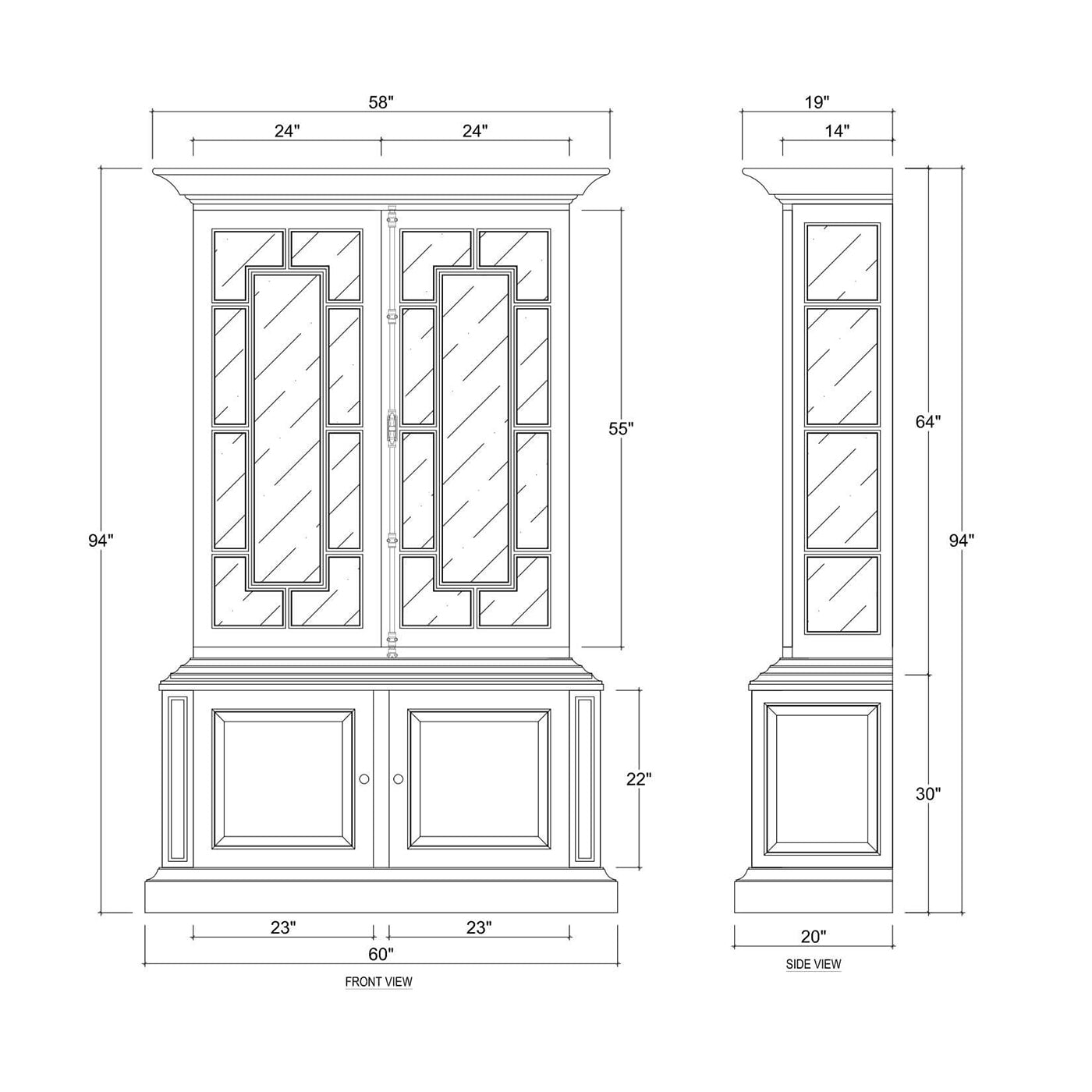 Display cabinet dimensions and design sketch.