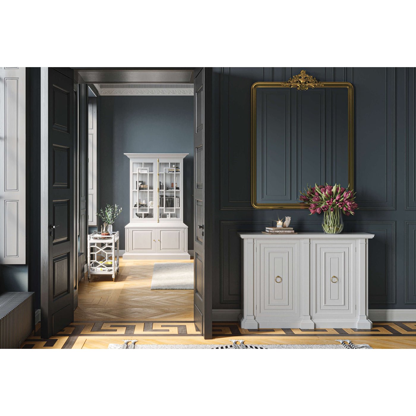 Room interior with display cabinet, artistic decor.