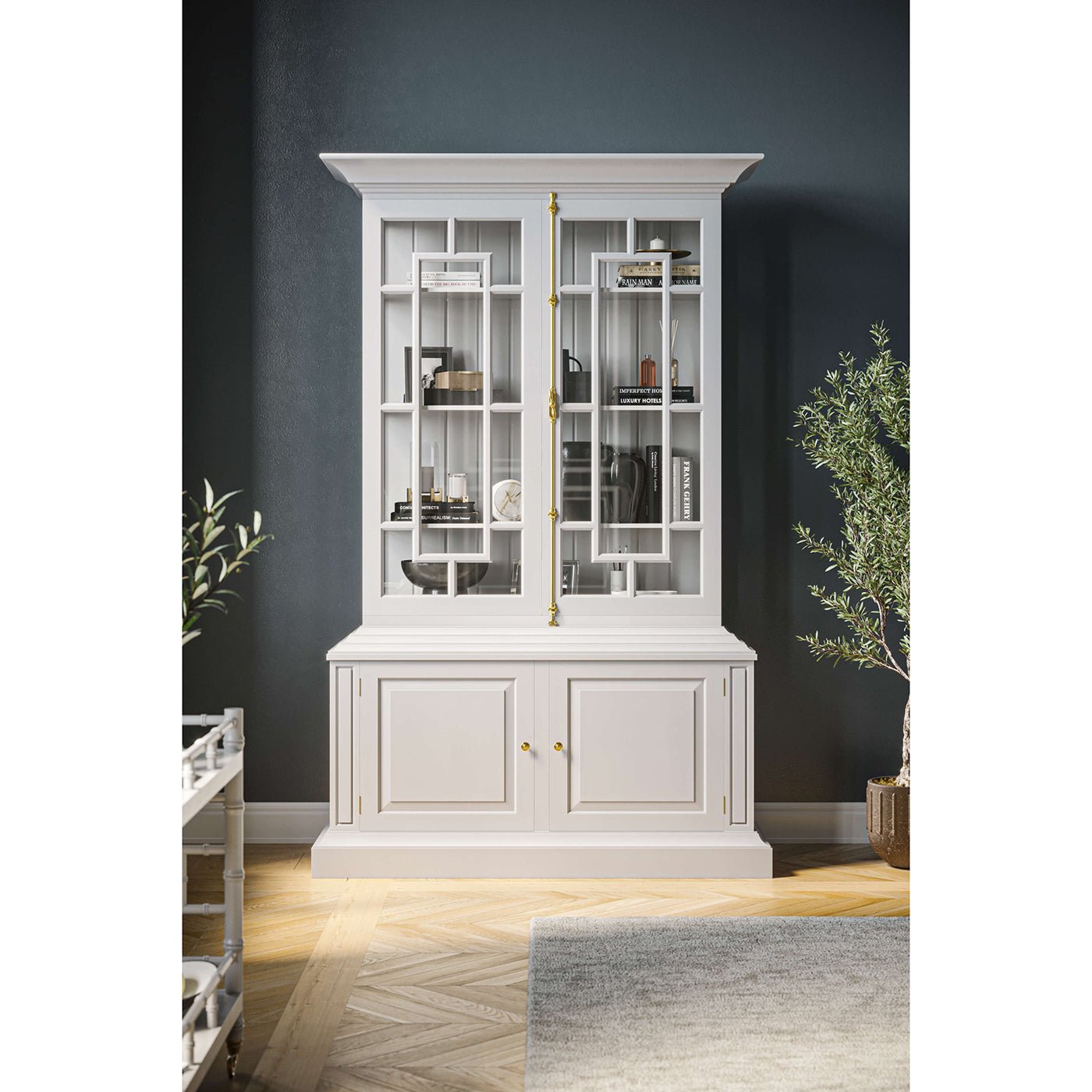 Display cabinet in room with books, decor items.
