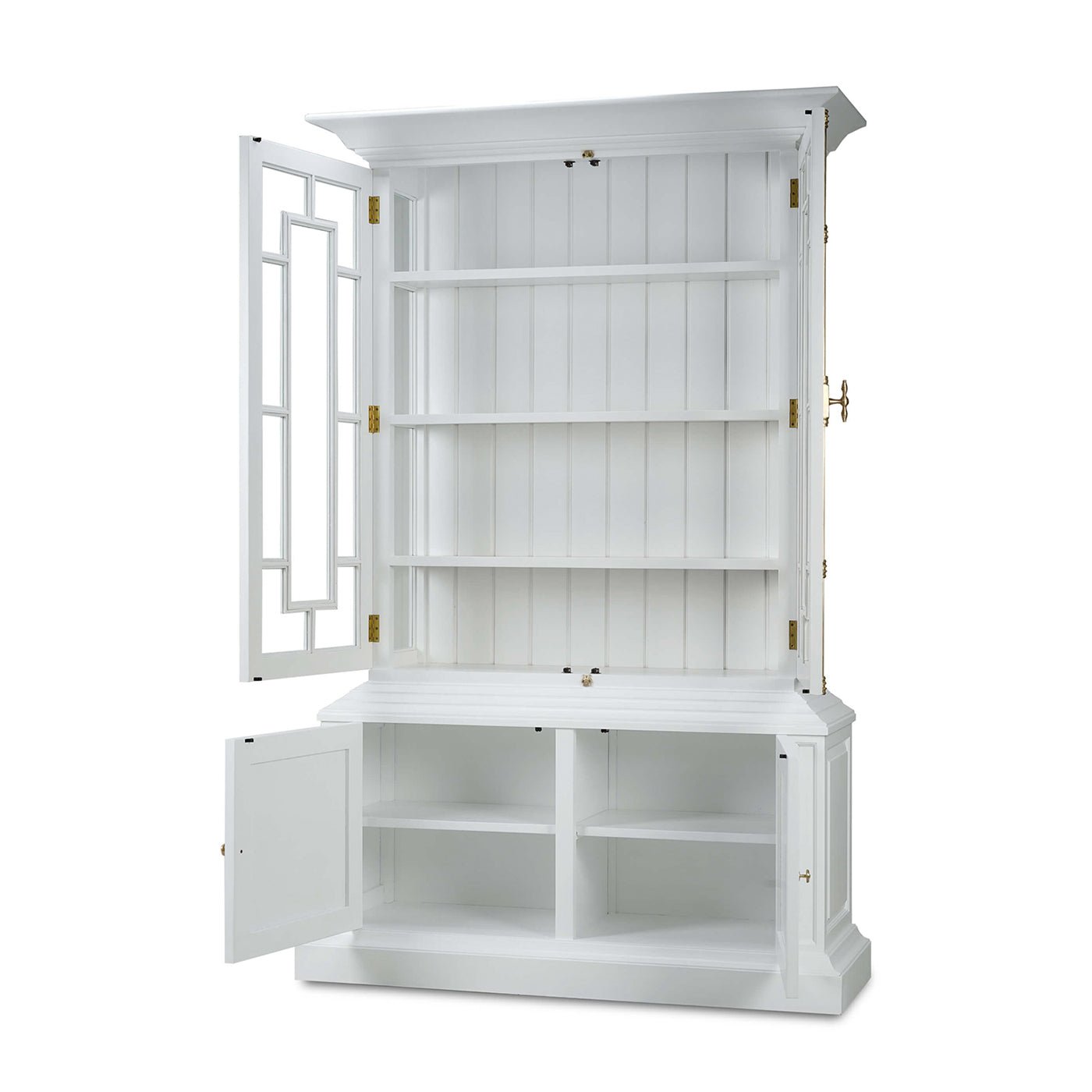 Display cabinet open showing shelves and storage.