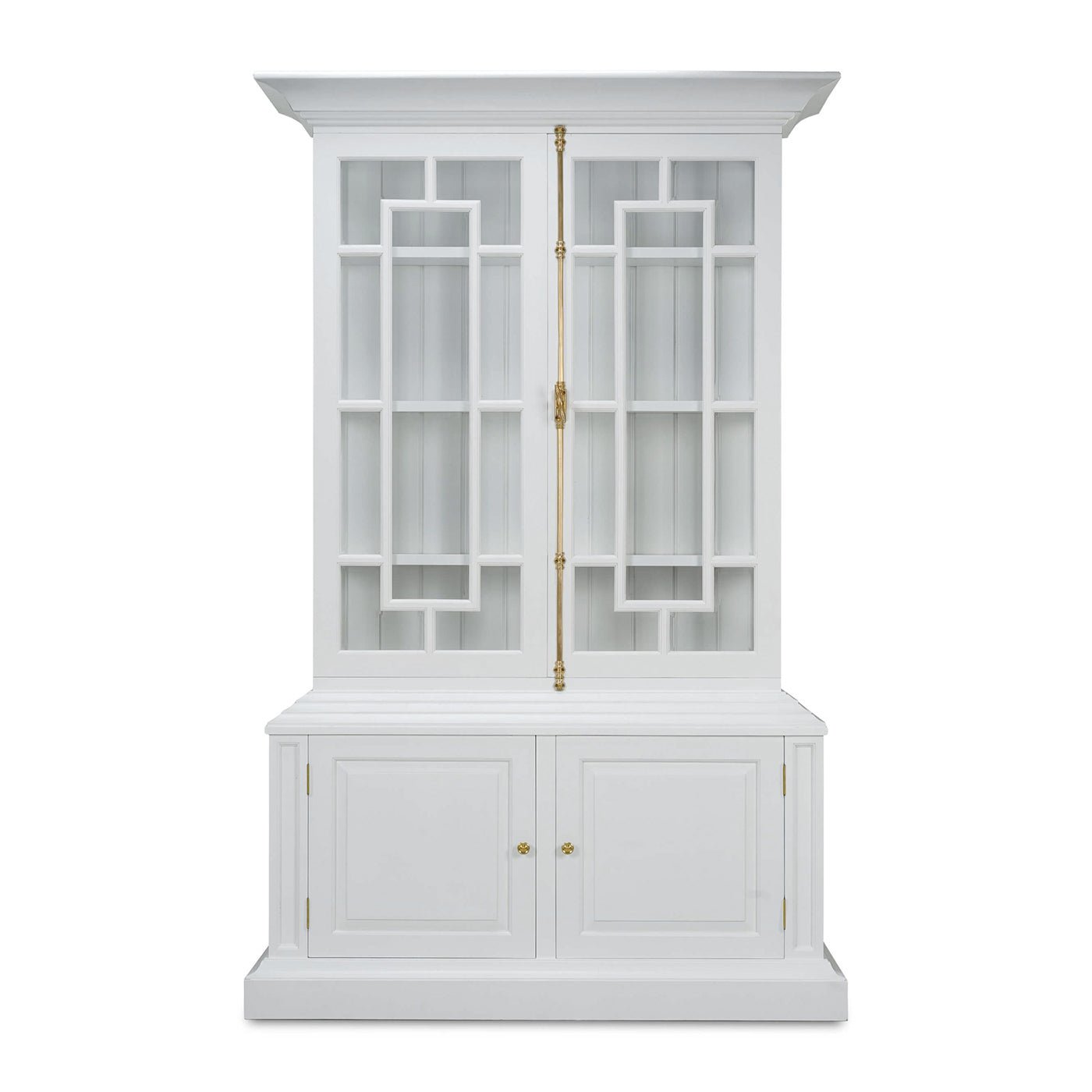 White display cabinet front view, doors closed.