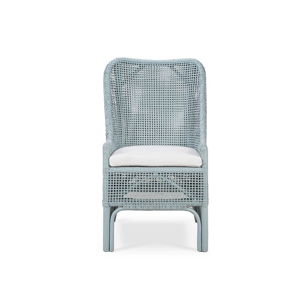 Frosted blue rattan dining chair front close view.