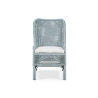 Frosted blue rattan dining chair front close view.