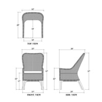 Dimensions illustration of frosted blue rattan dining chair.