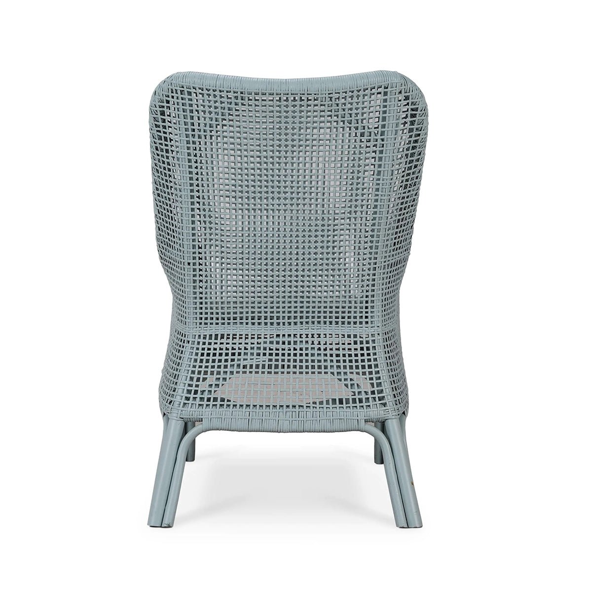 Frosted blue rattan dining chair back view.
