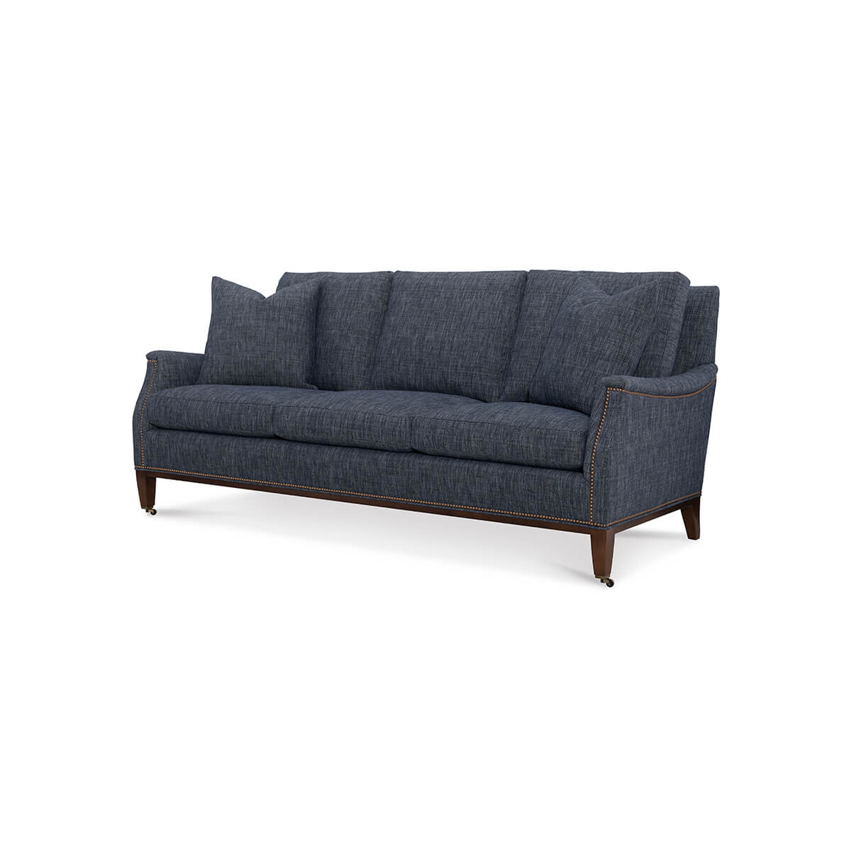 Angled view of blue Galvin Classic Sofa with wood legs.