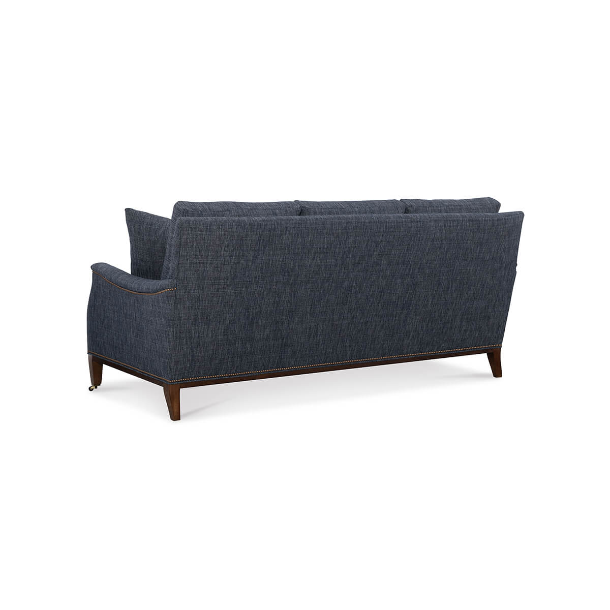 Rear angled view of blue Galvin Classic Sofa with wood detailing.
