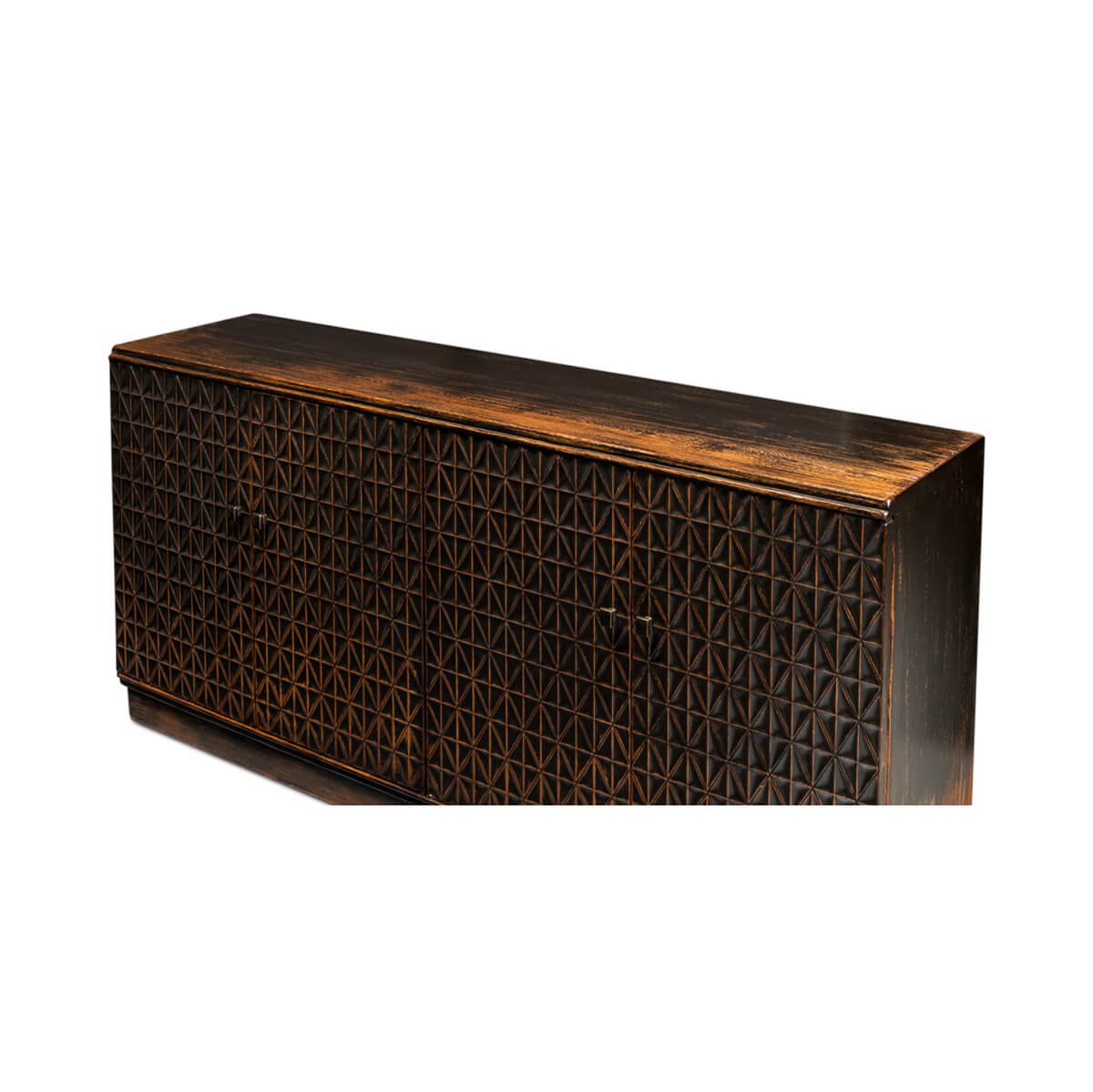 Side angle of textured pine credenza.