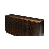 Side angle of textured pine credenza.