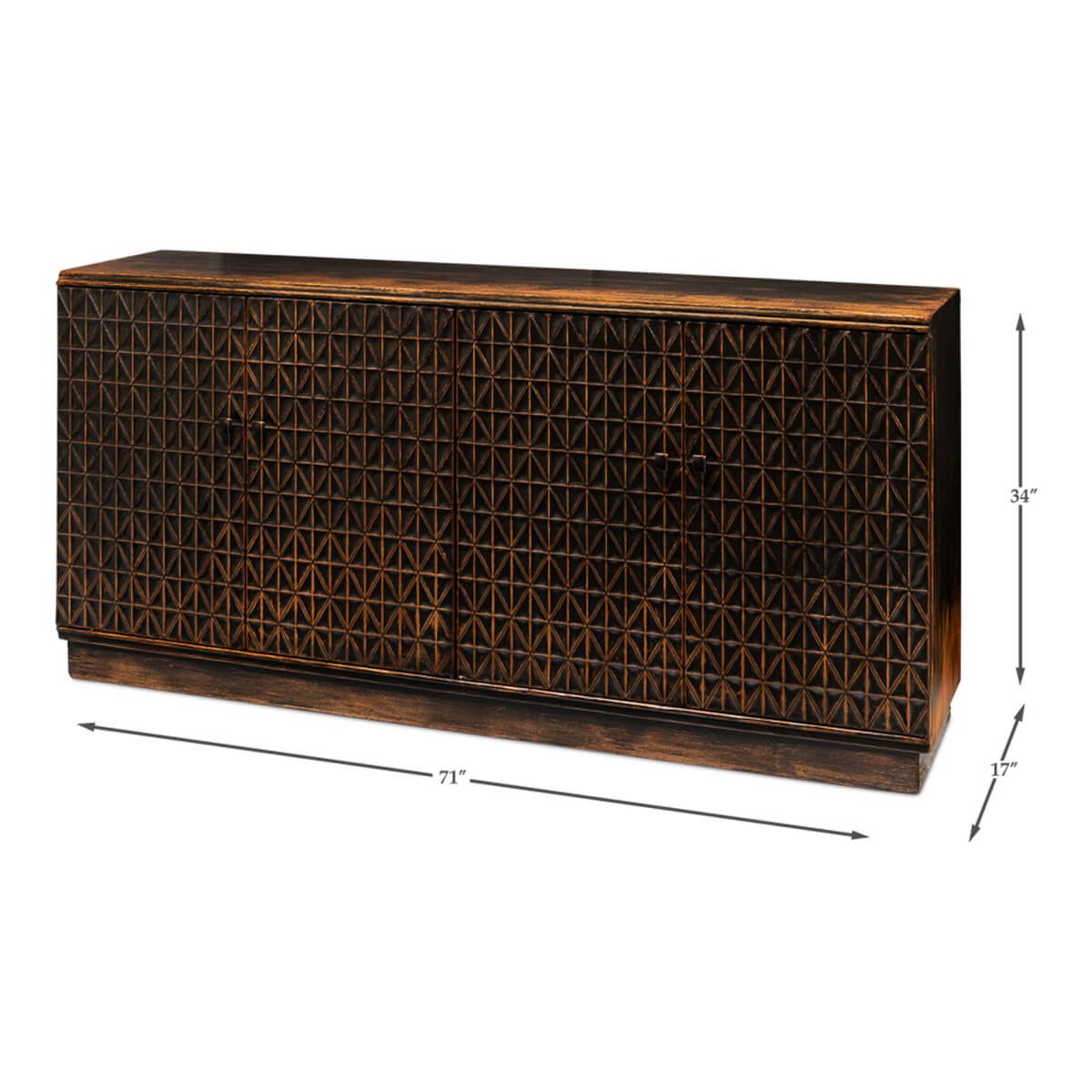 Credenza with dimensions, front angle.