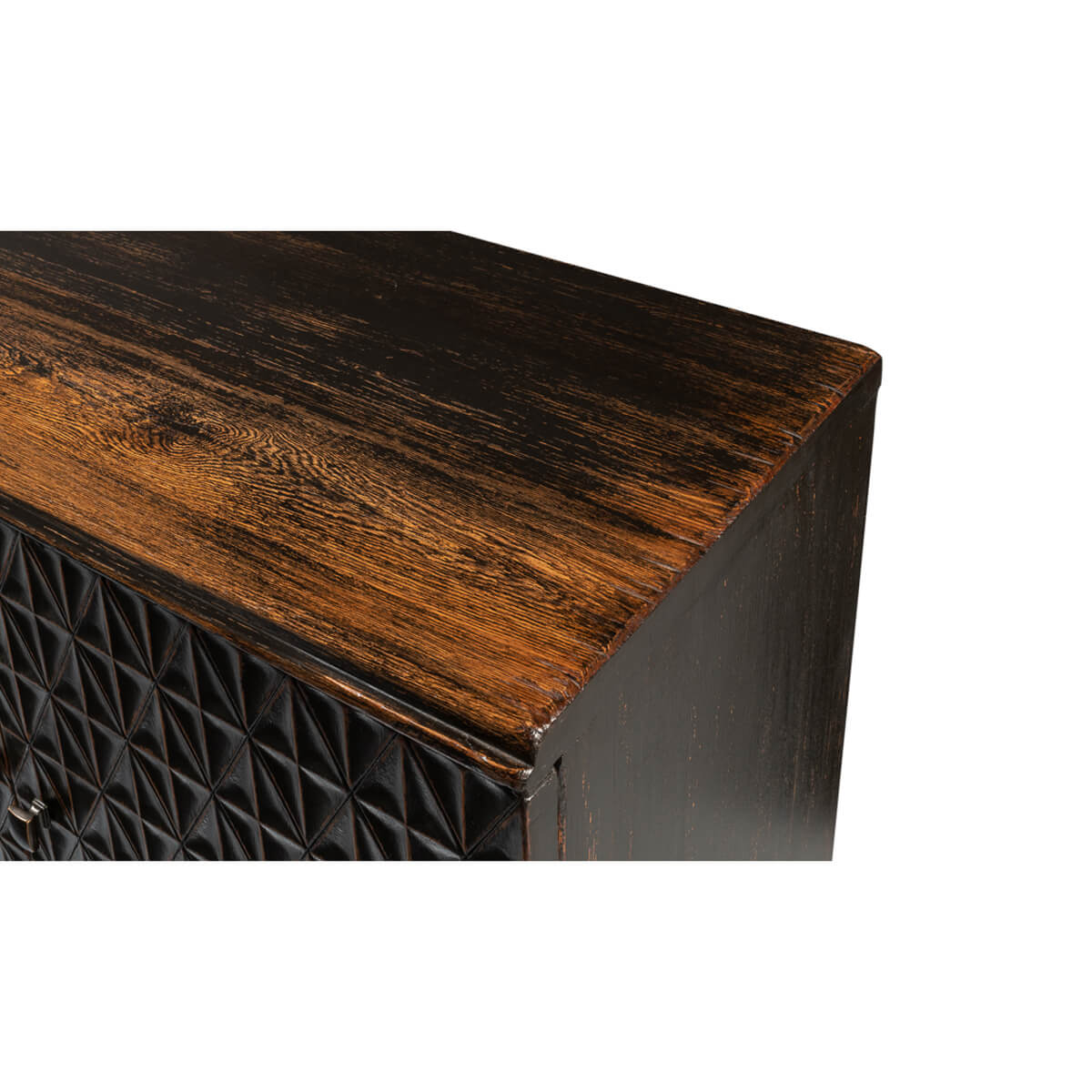 Close-up of top corner of pine credenza.