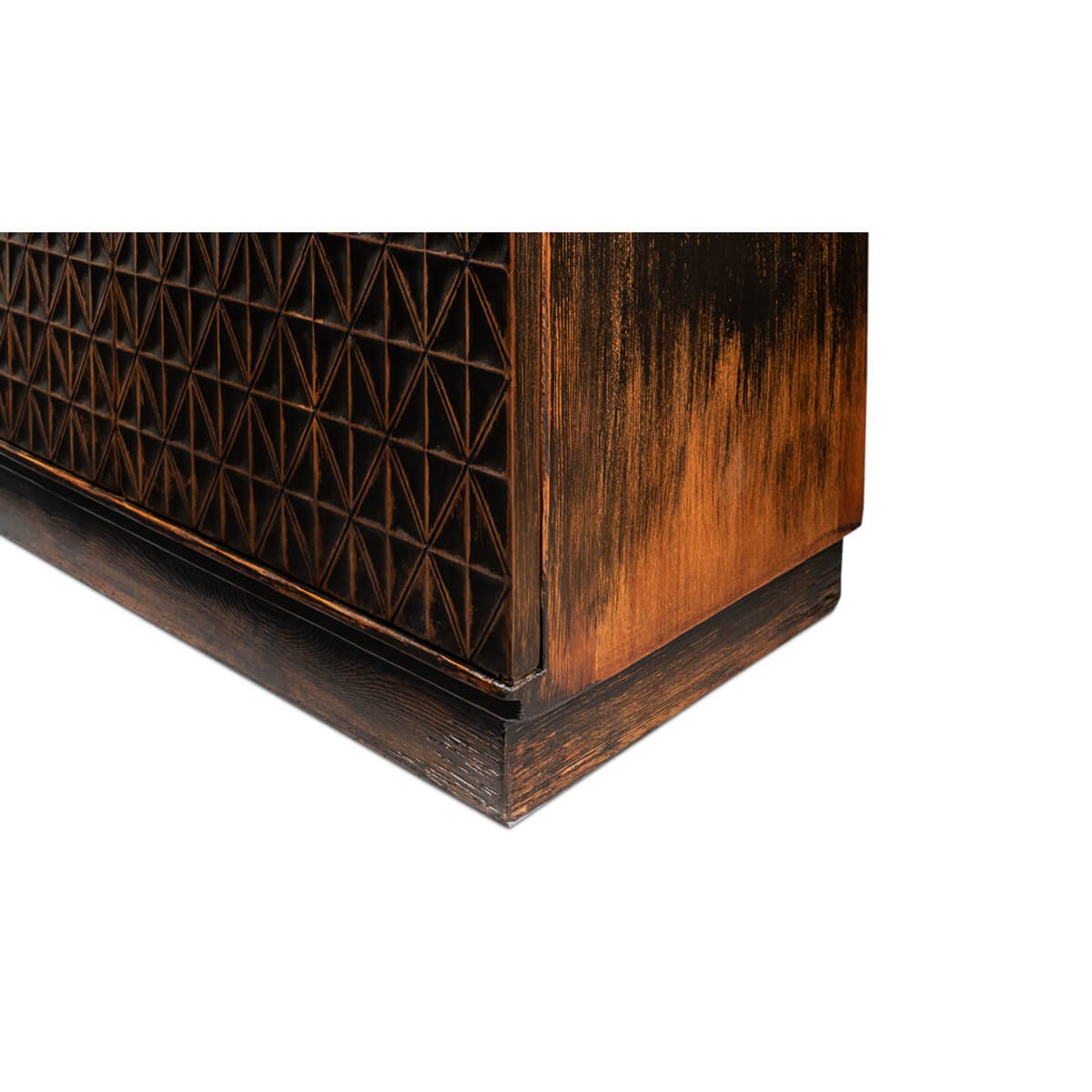 Base detail of textured pine credenza.