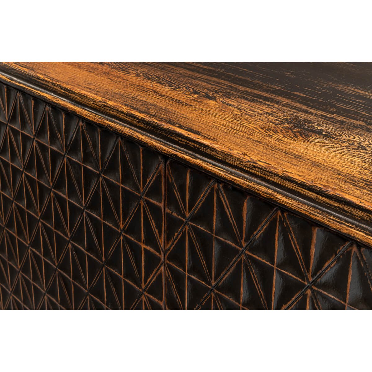 Detailed shot of textured front on credenza.