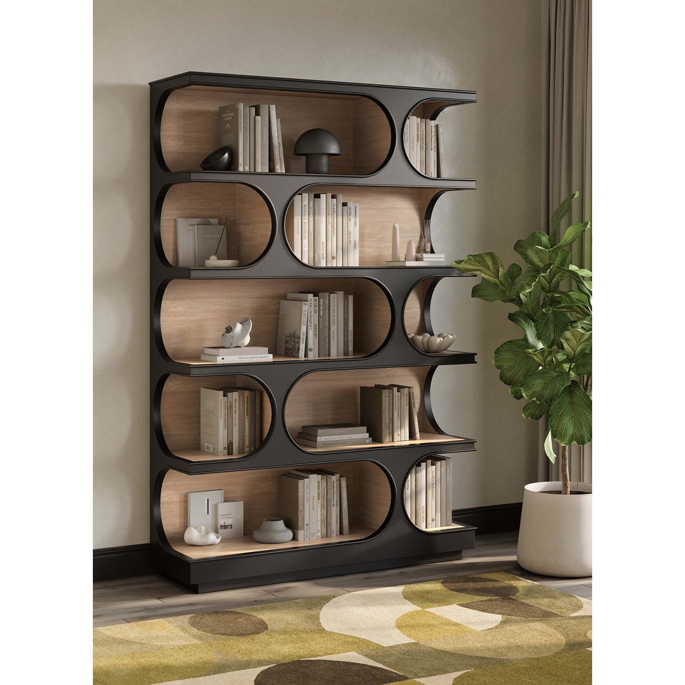 Decorated mid-century bookcase, contemporary living space.