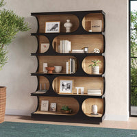 Geometric bookcase with decor items, modern living room.