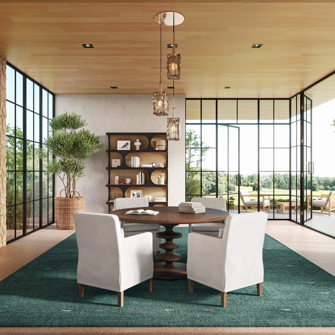 Bookcase in dining room with chairs, modern aesthetic.