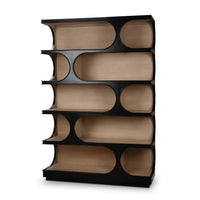 Black geometric bookcase with wooden shelves, angled view.