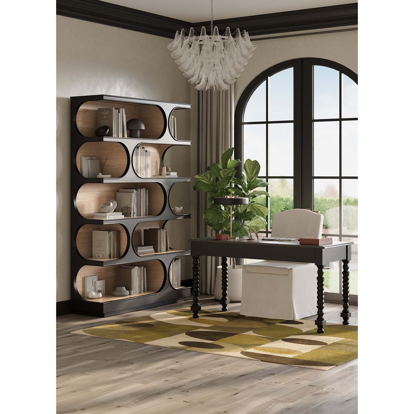 Bookcase with decor, stylish office interior, large window.